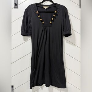 See By Chloe Black Cotton Wool Blend Jersey Knit Gold Accent Shift Dress Beaded